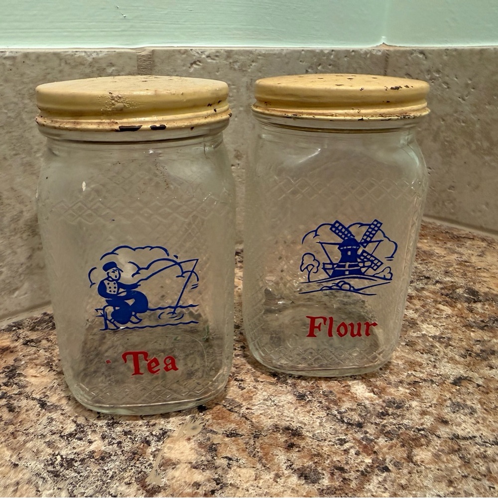 Vintage Hazel Atlas Glass Tea & Flour Storage Jars with Yellow Lids